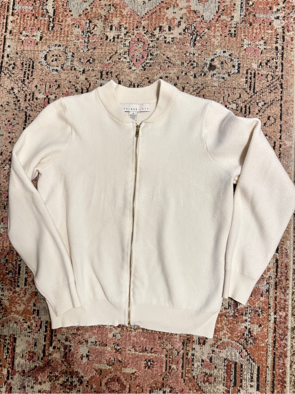 Cream Zip-Front Knit Bomber sweater